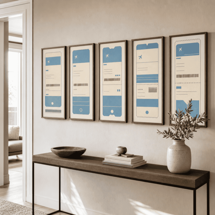 A row of boarding-pass-style prints lines the hallway in a clean, graphic strip.