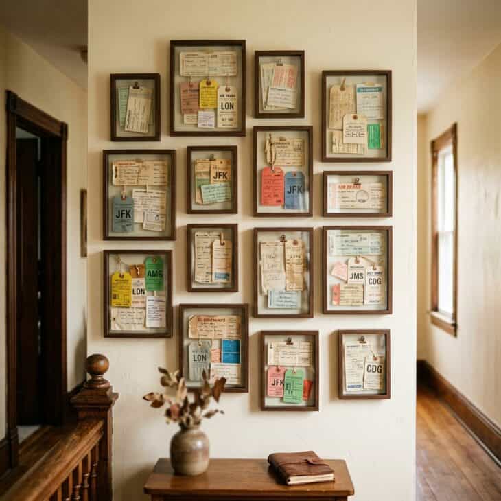 Shadow boxes of old boarding passes and luggage tags turn a hallway into a personal travel archive.