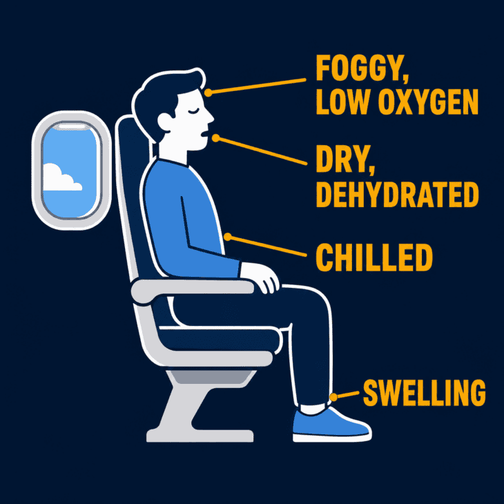 Four slow-building effects stack up over the course of a long flight.