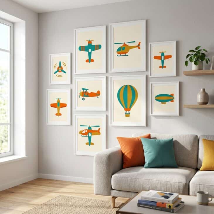 Bold flat graphic illustrations in saturated color give a living room wall real energy.