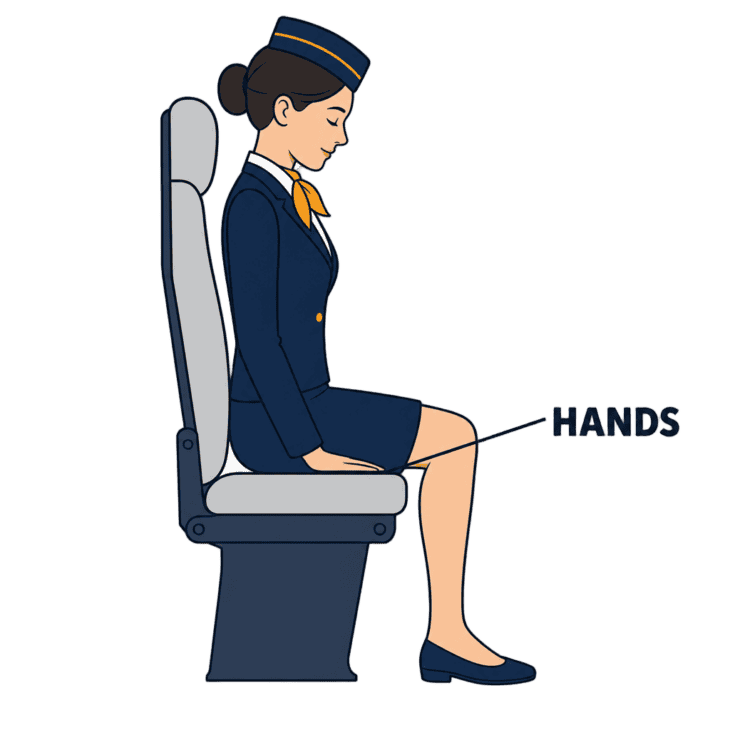 The seated position is a partial brace: hands secured, chin down, ready if a hard landing happens without warning.