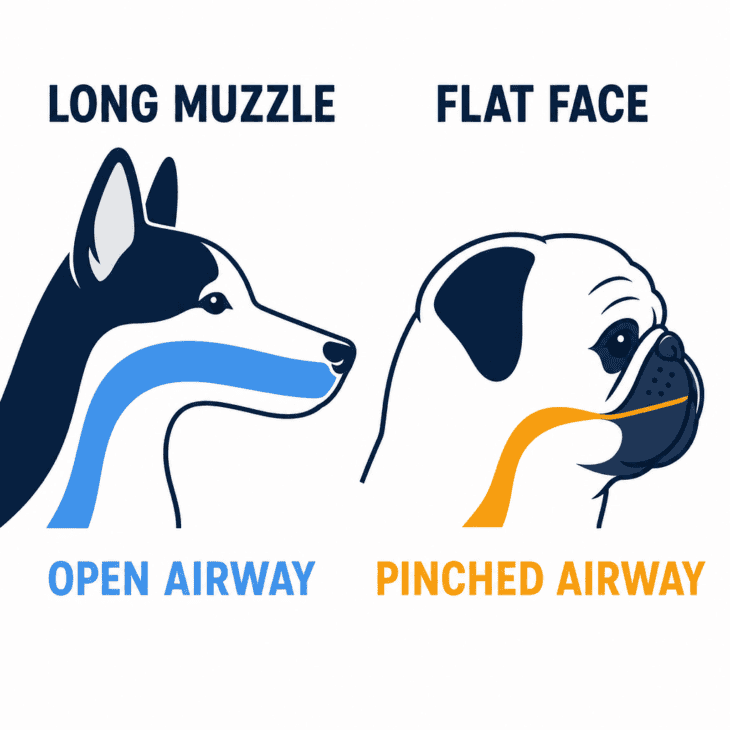 Diagram comparing a long-muzzled dog head with an open airway against a flat-faced brachycephalic head with a narrowed, pinched airway