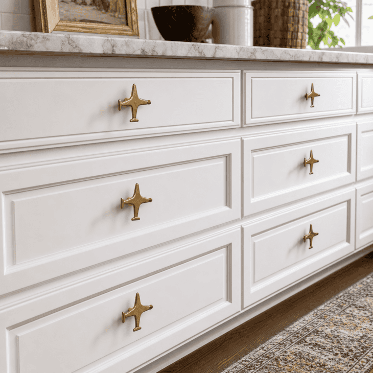 Brass airplane-shaped pulls dress a row of kitchen drawers.