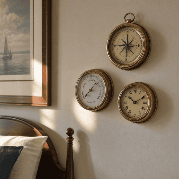 A compass, barometer, and small clock group together in matching brass cases.
