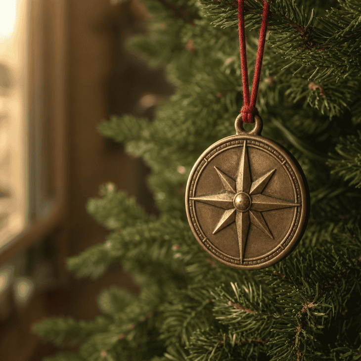 An embossed brass compass rose adds a navigation-themed accent.
