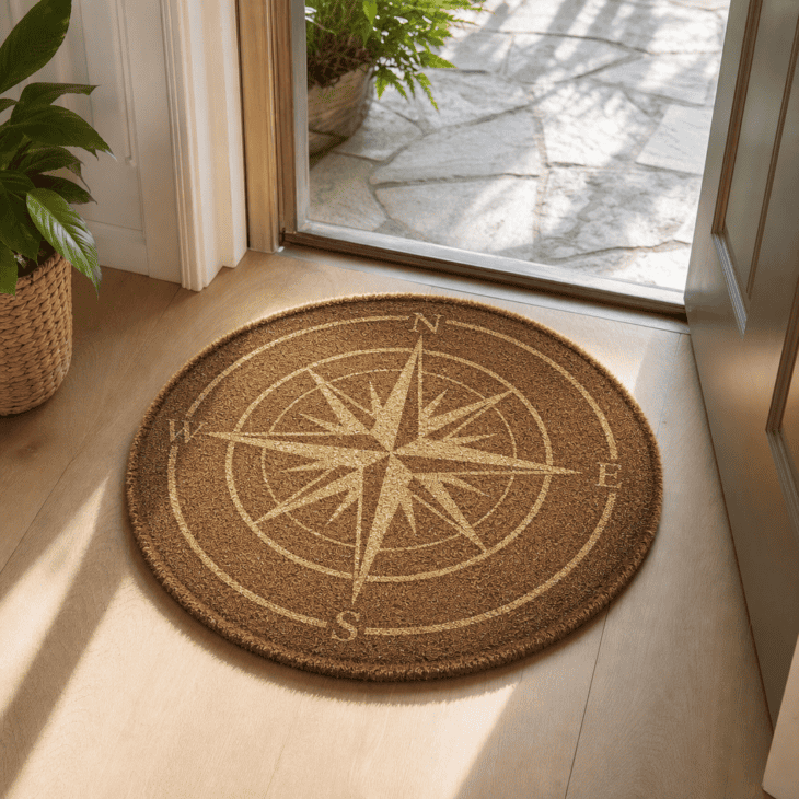 A compass-rose doormat sets the tone right at the threshold.