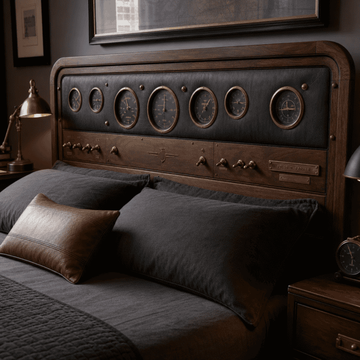 A walnut headboard set with brass instrument-style dials anchors the bed.