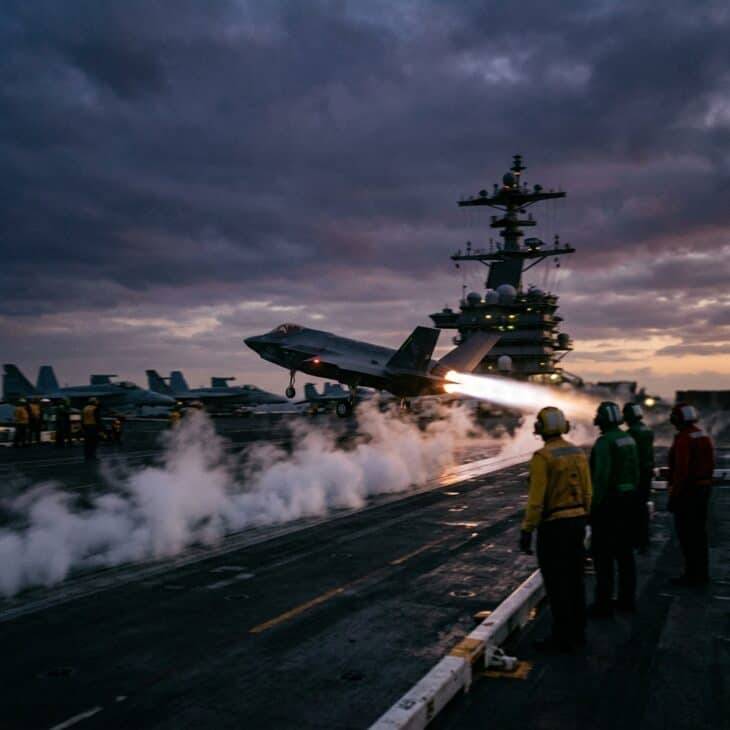 Jet fighter launching from an aircraft carrier deck at dusk