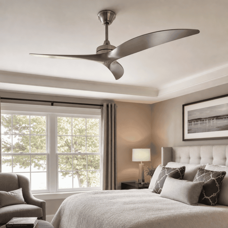 A brushed aluminum propeller-style fan turns slowly overhead.