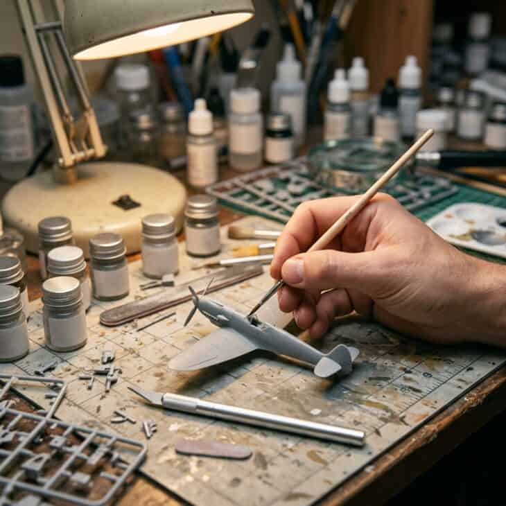 A hobby desk, a sharp blade, and patience turn a sprue of plastic into a display-ready model.