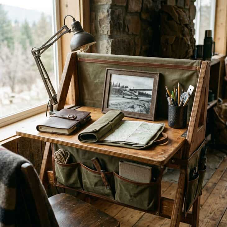 Durable materials and compact storage give this workspace a practical backcountry character.
