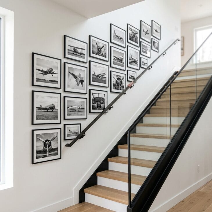 Monochrome aircraft photographs climb the staircase wall in a clean diagonal line.