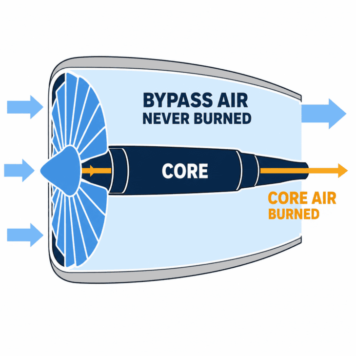 In a high bypass engine most of the air the fan moves goes around the core and is never burned, and that cold stream makes most of the thrust.
