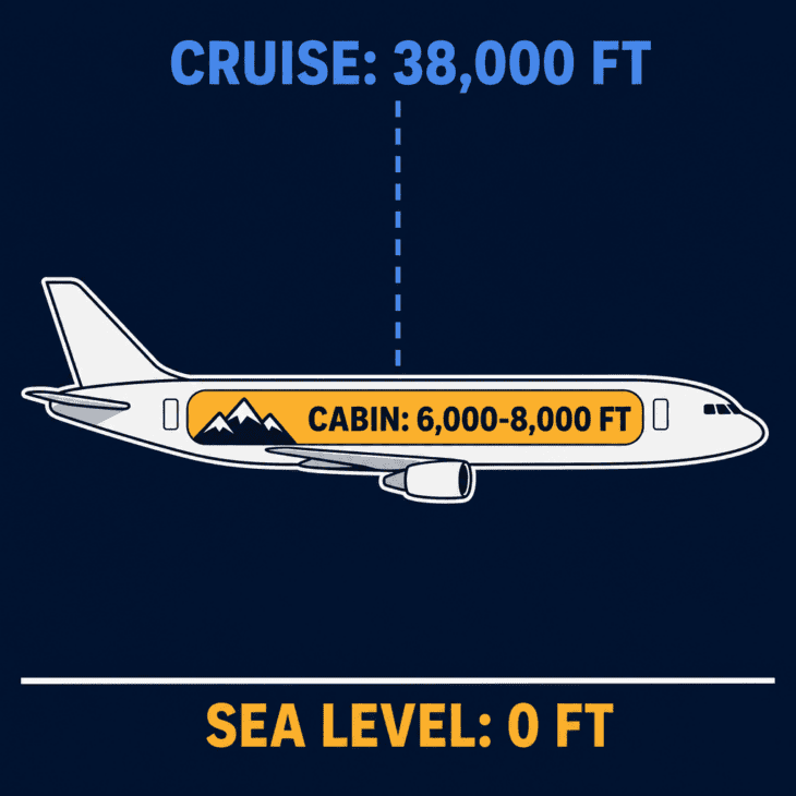 The cabin holds a pressure equal to a mountain town, even though the jet cruises far higher.