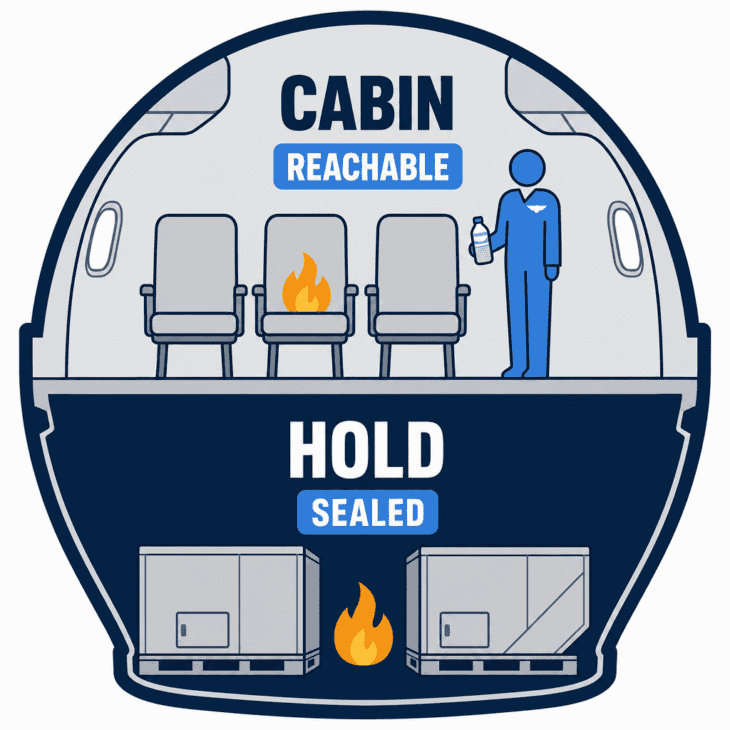 A battery fire in the cabin can be reached and cooled in seconds. One in the hold cannot.