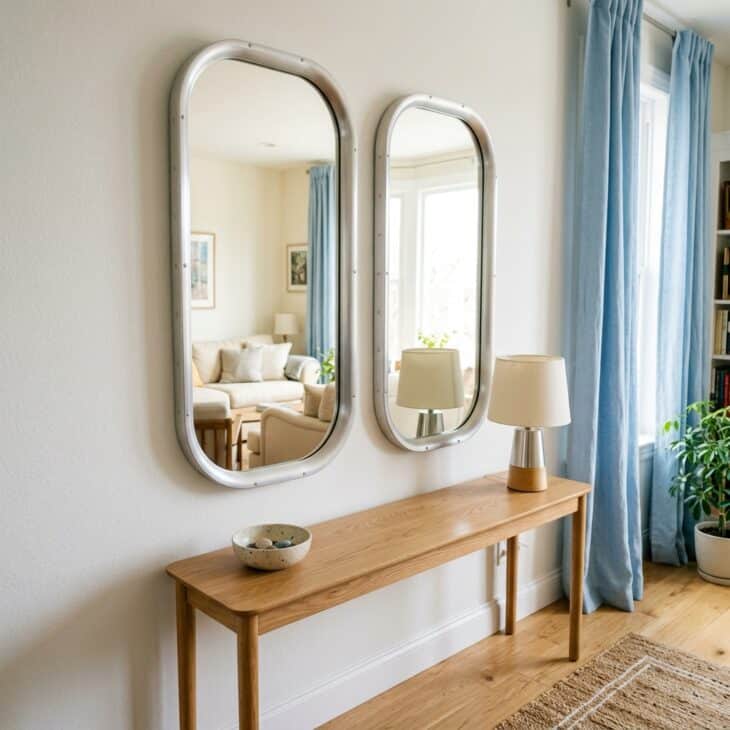 Paired oval mirrors suggest cabin windows while bouncing more light around the room.