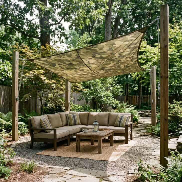 A camouflage-pattern shade sail filters midday light over the backyard seating area.