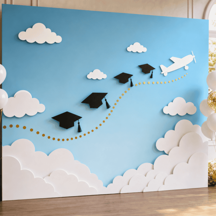 A curved flight path gives the traditional cap toss an aviation twist.
