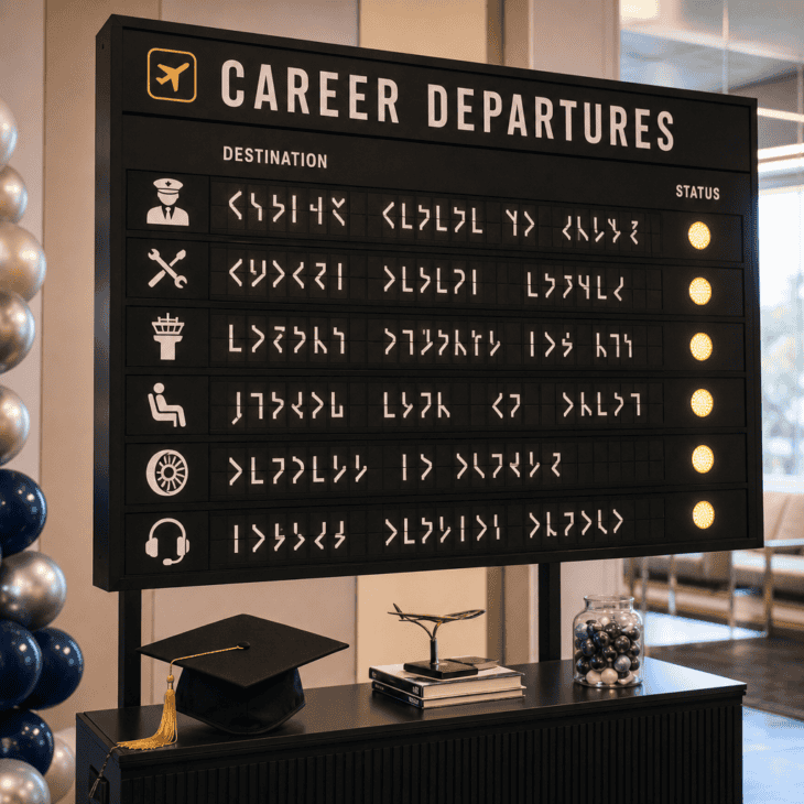 A career board celebrates the many routes available after graduation.