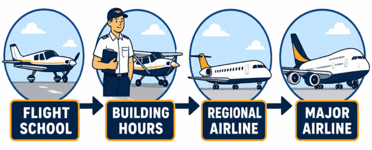 Flat vector pipeline diagram showing the pilot career path from flight school through regional airline to major airline