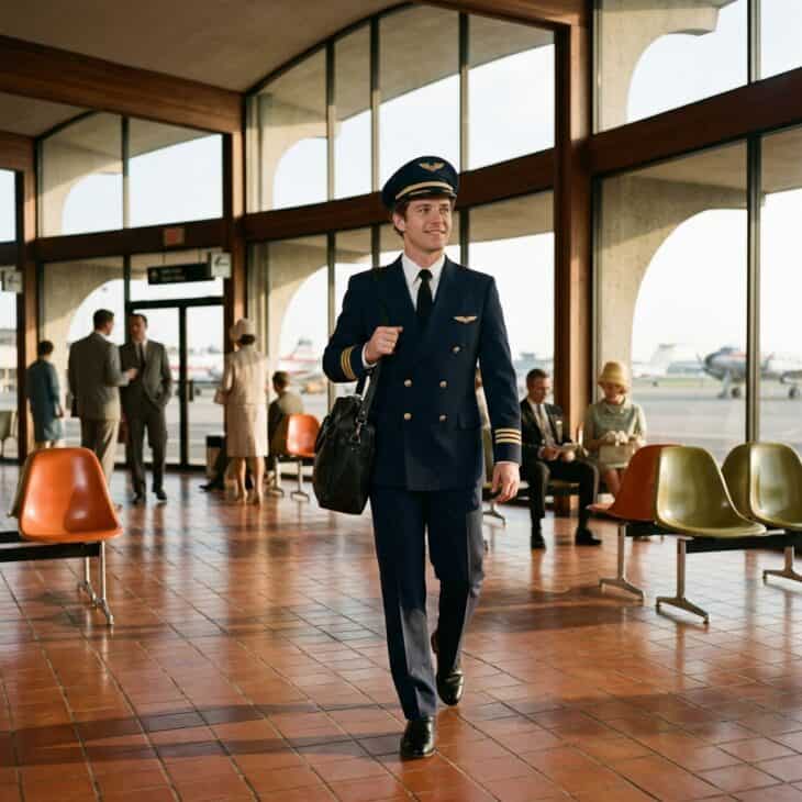 Young man in a mid-century airline pilot uniform walking through a 1960s airport terminal