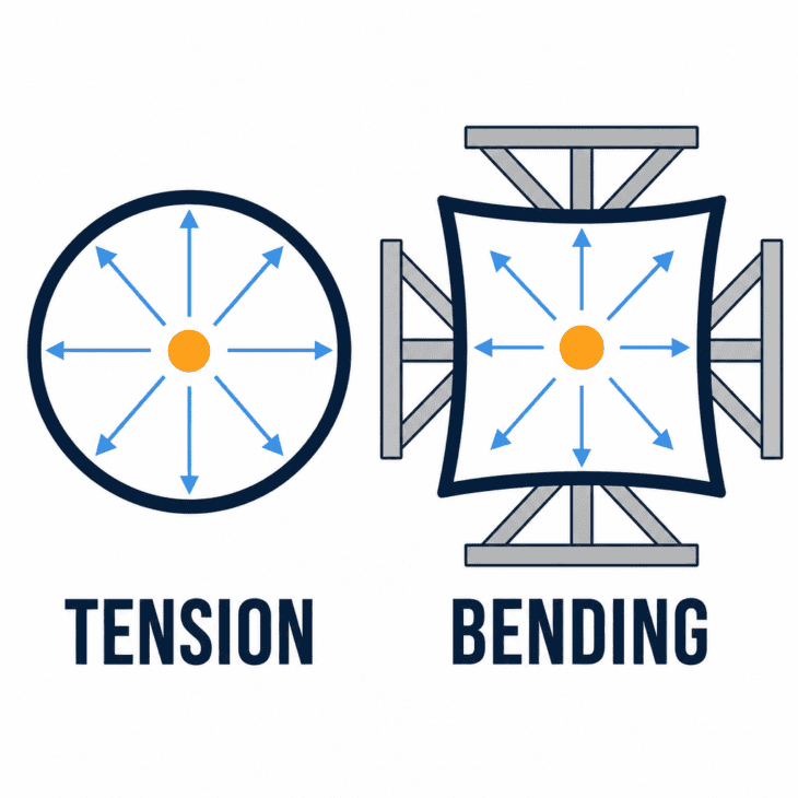Diagram comparing a circular and a square pressurized cross-section, the circle in even tension and the square walls bowing outward against heavy bracing