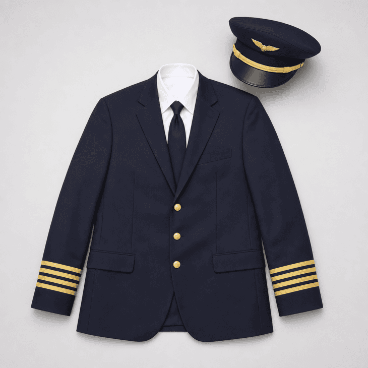 A navy captain's jacket with gold stripes and a wings-badge cap, styled with no airline branding.