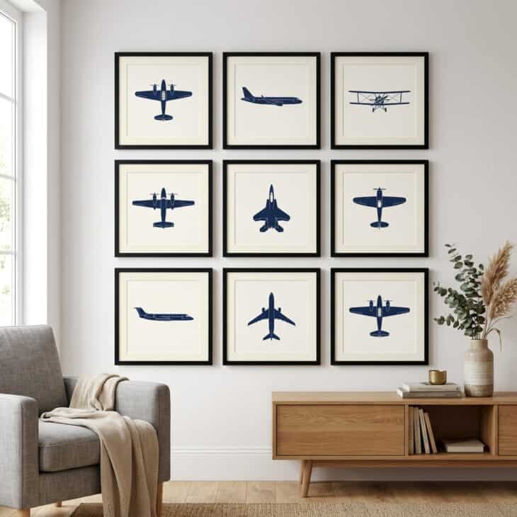 A tidy 3x3 grid of matching frames gives a modern living room instant order.
