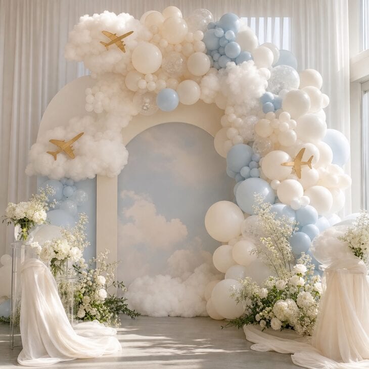 Pearl balloons and subtle aircraft shapes create an airy bridal shower focal point.