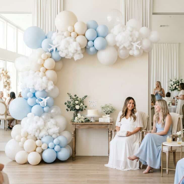 A cloudlike balloon arch creates an airy focal point for the celebration.
