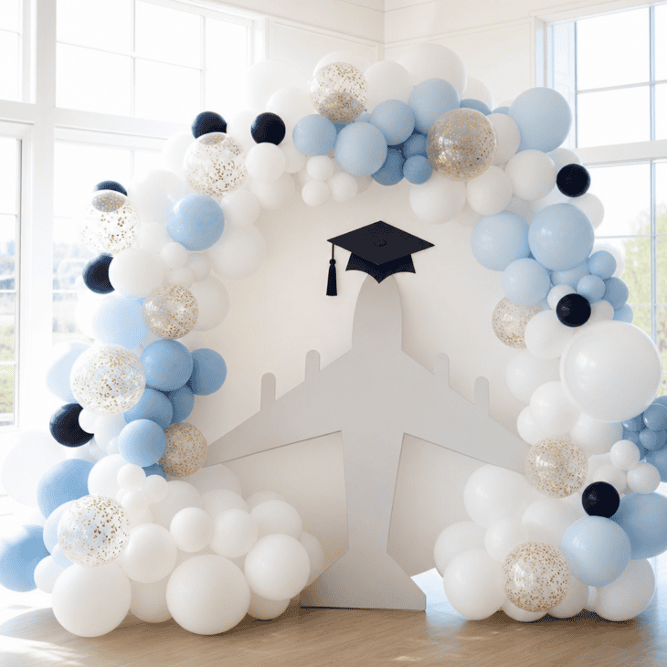 Cloud colors and gold confetti make a balloon arch feel aviation-ready.