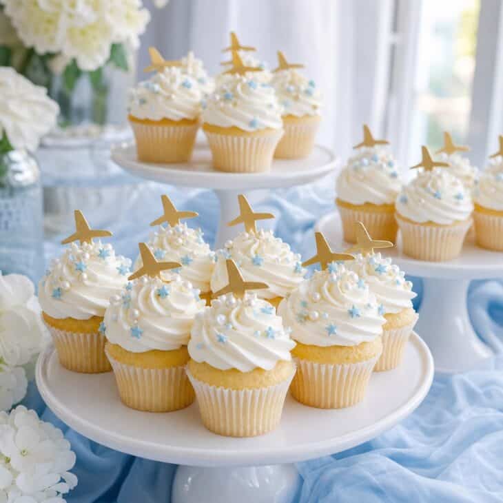 Cloud-frosted cupcakes create a light, polished aviation dessert display.