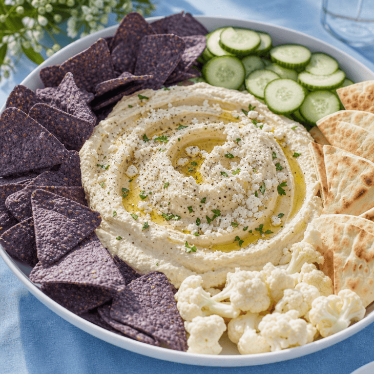 A pale whipped dip against blue chips creates a modern cloud platter.