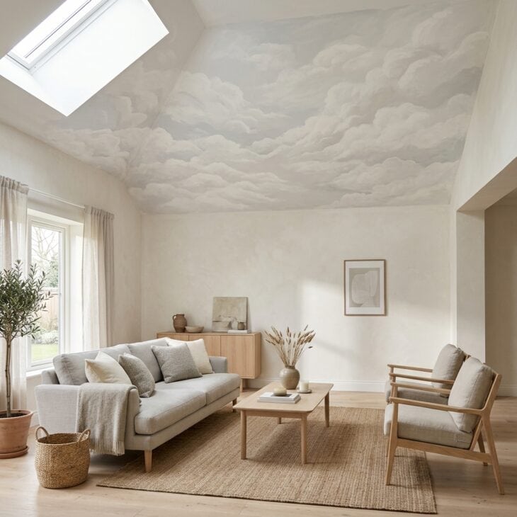 A soft cloud-layer ceiling creates the feeling of flight without adding another object to the room.