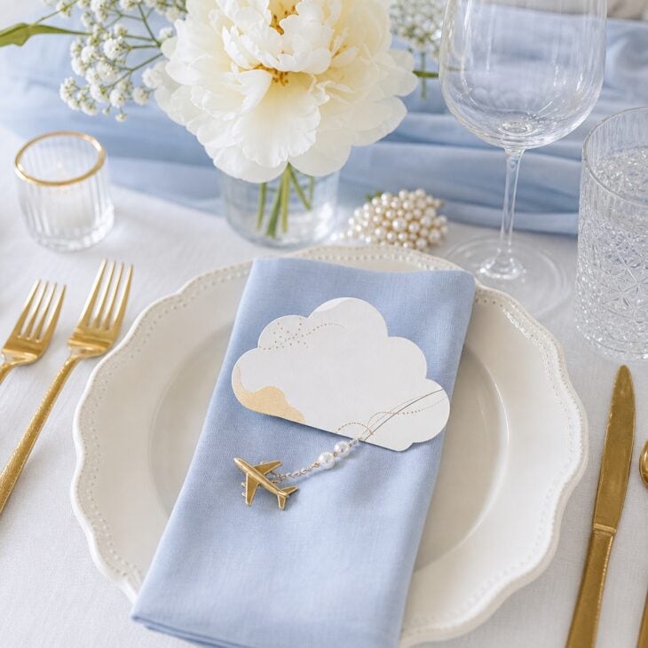 Cloud place cards bring a soft aviation detail to every seat.