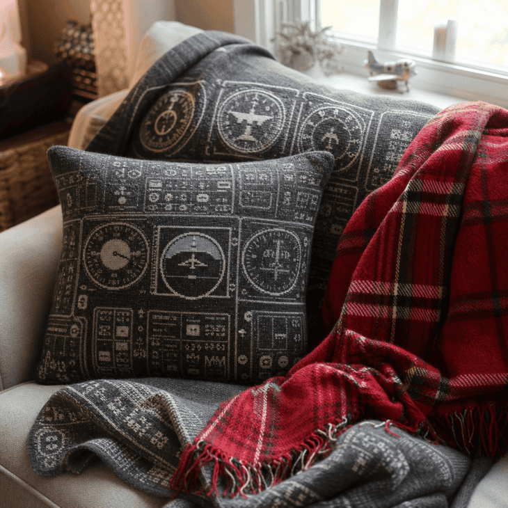 A knit throw and pillow carry a subtle cockpit instrument panel print.