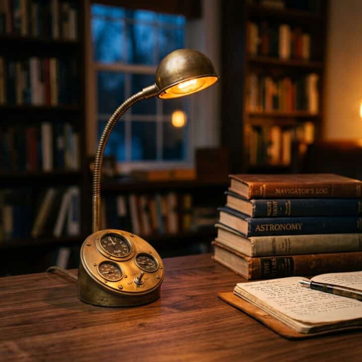 A cockpit-style desk lamp brings instrument-panel character to a home office without a single decal.