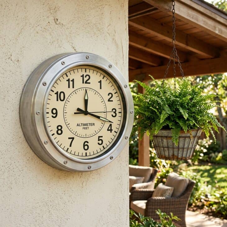 An altimeter-style clock keeps time on the covered patio wall.