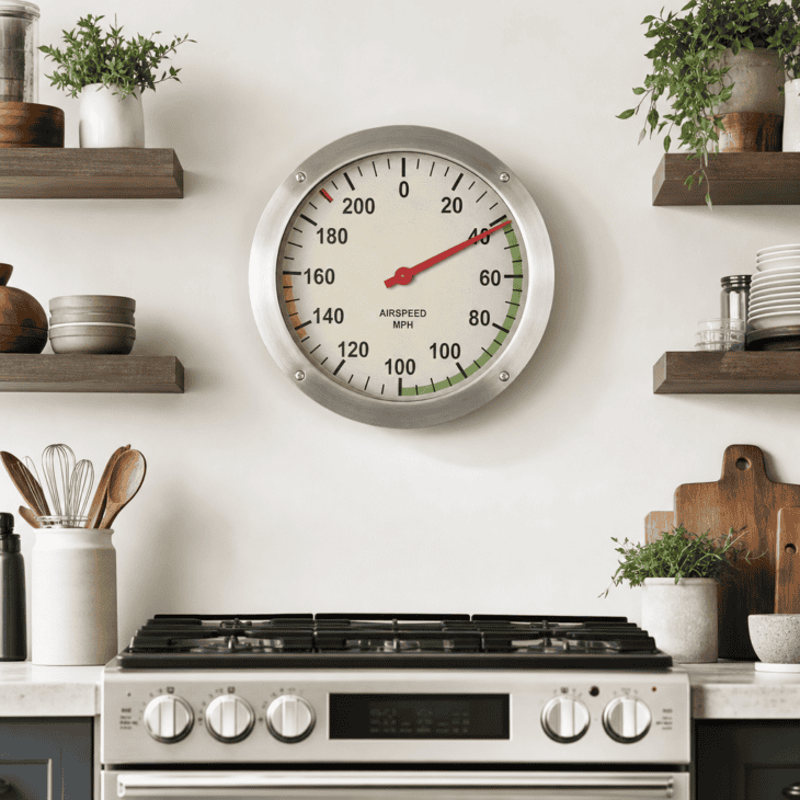 An airspeed-dial clock hangs above the stove between two floating shelves.