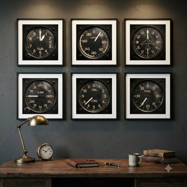 A grid of instrument dial macro photographs turns cockpit gauges into graphic office art.