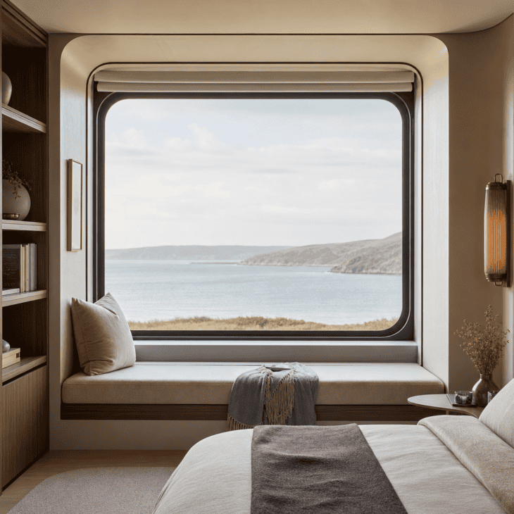 A curved, rounded-corner window frames a quiet bench seat like a cockpit view.