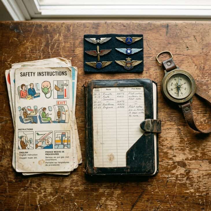 Logbooks, wing pins, and safety cards are where most aviation memorabilia collections begin.