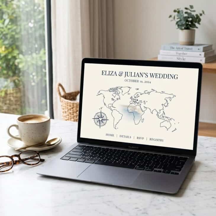 A wedding website built around a hand-drawn map and compass rose.