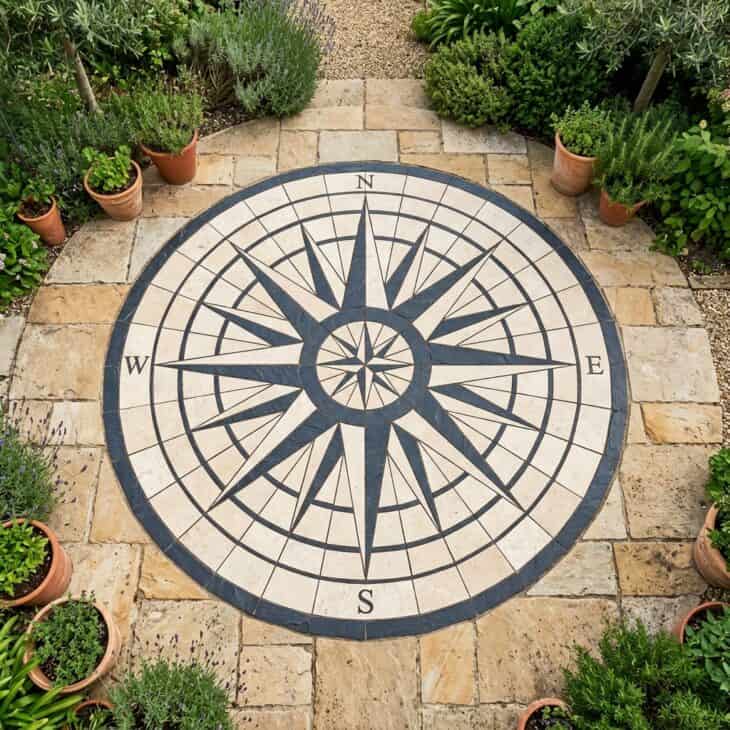 A compass rose mosaic radiates from the center of the patio in slate and travertine.