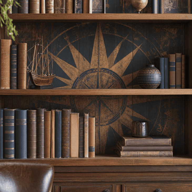 A painted compass rose on the back panel peeks out between the books.