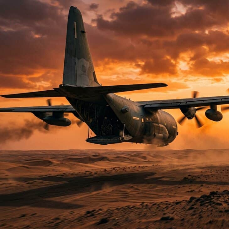 Rugged cargo aircraft flying low over a desert landscape at dusk