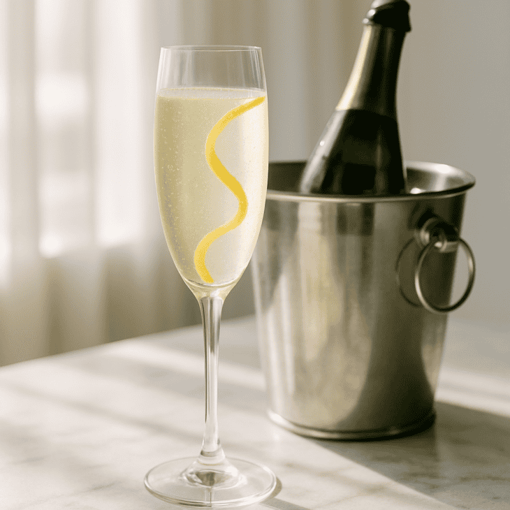 A long spiral lemon twist reads as a contrail down the flute.