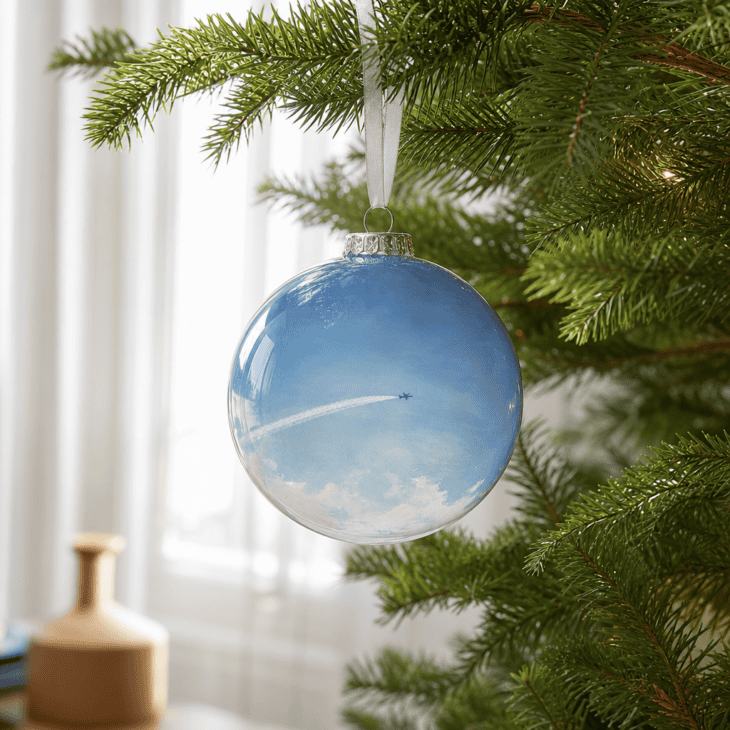 A hand-painted contrail streak crosses a soft blue sky inside a clear glass ball.