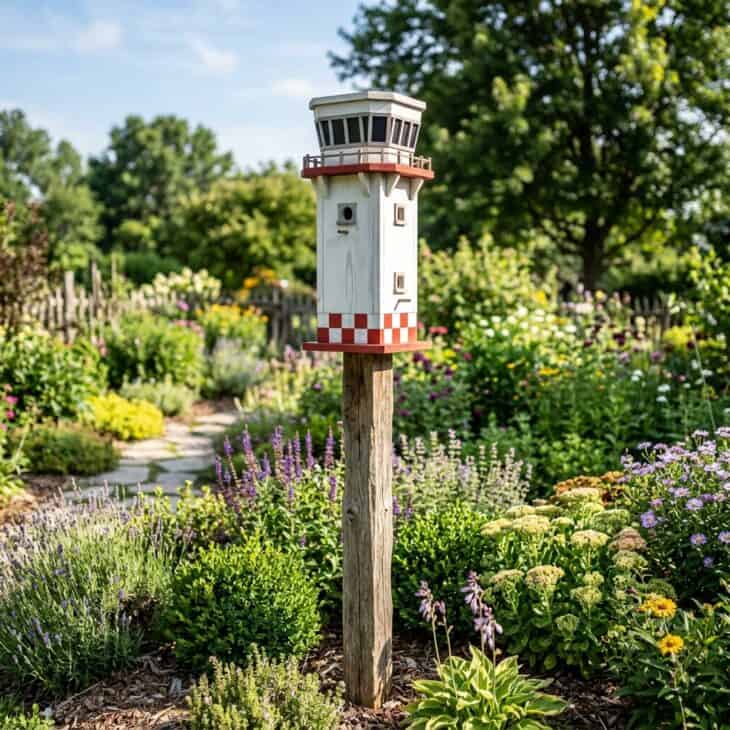 A control tower birdhouse rises above a garden bed of low shrubs.