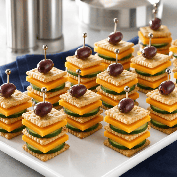 Layered crackers and cheese create compact edible control towers.
